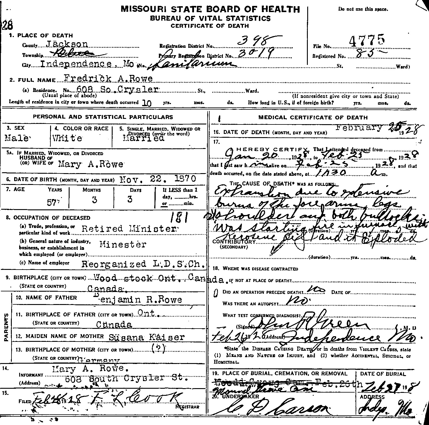 Mary Rowe's death certificate