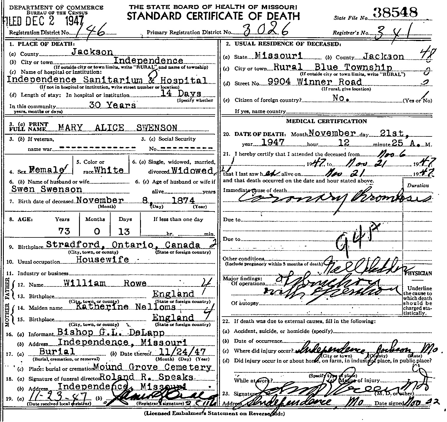 Mary Rowe's death certificate